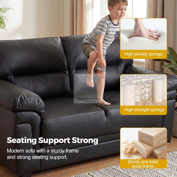Delgado Luxury Black Leather Sofa Couch Settee with Pocket Spring & Reflex Foam Support