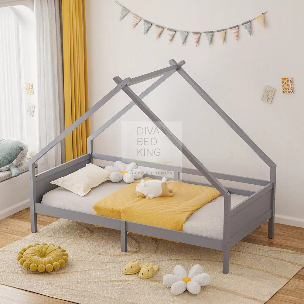 Contessa Grey Treehouse 3ft Single Bed Wooden with Canopy Kids Sleeper Pine House Low Childs