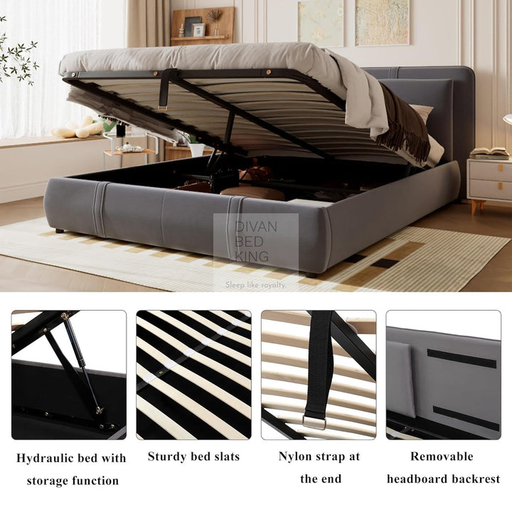 Oppia Nuova Grey Brushed Cotton Ottoman Storage Bed with Large Padded Removeable Headrests