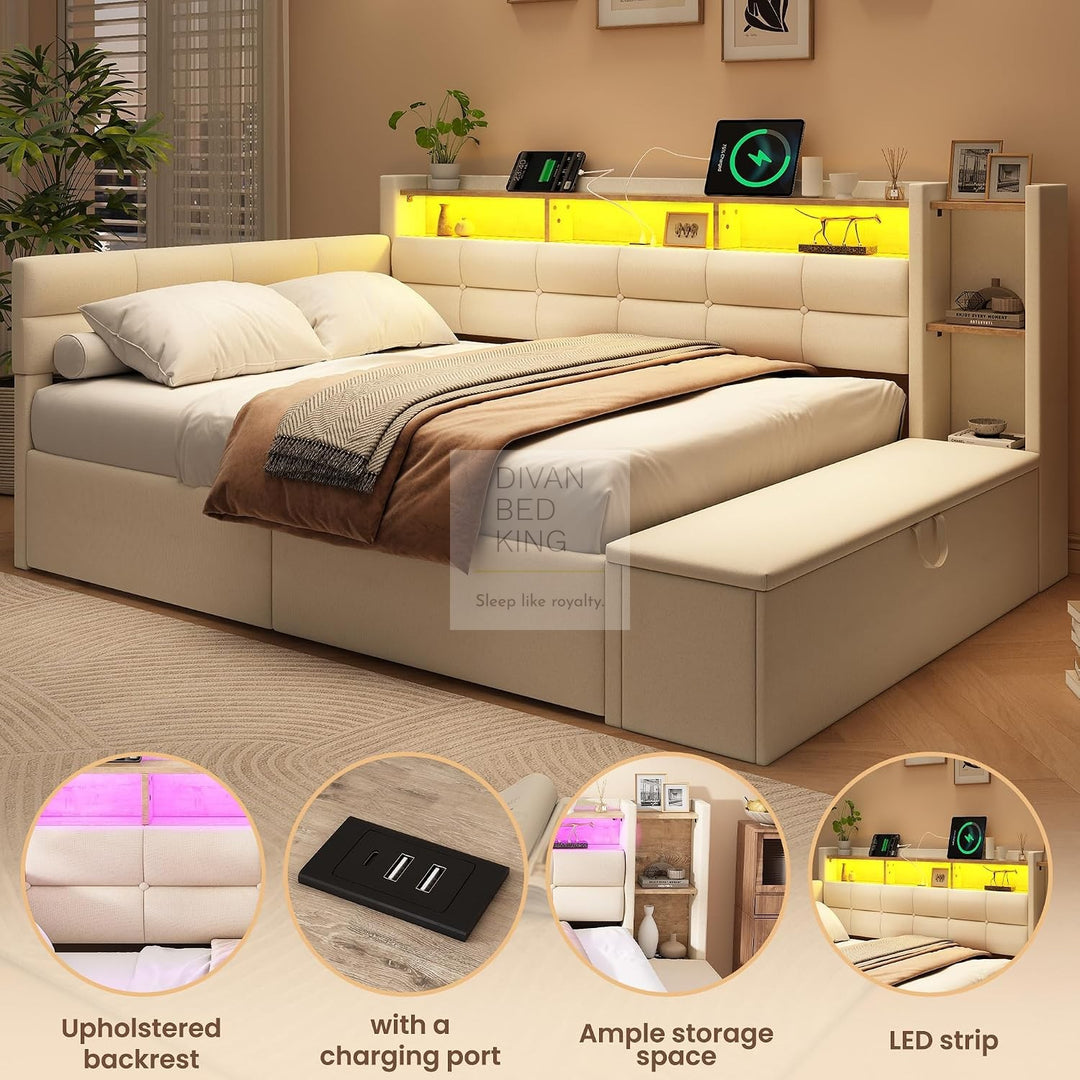 Avayah Beige Linen Smart Daybed Sofa Bed with 2 Drawers, LED Shelves Storage, USB & Type C Charging Station & Storage Box