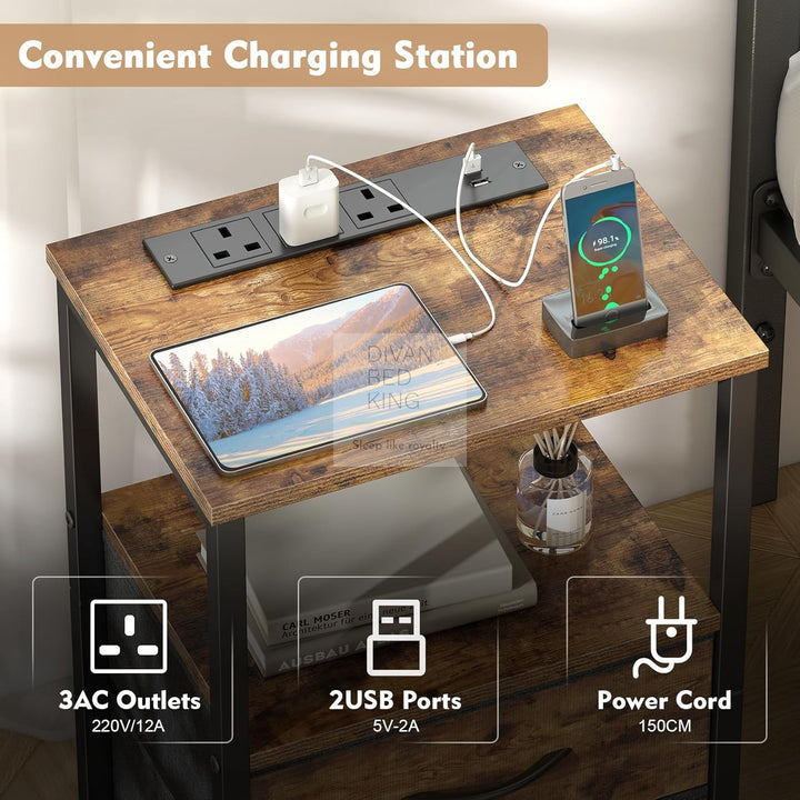 Henry 2 Drawer Rustic Wood and Metal Smart Bedside Table with Shelf