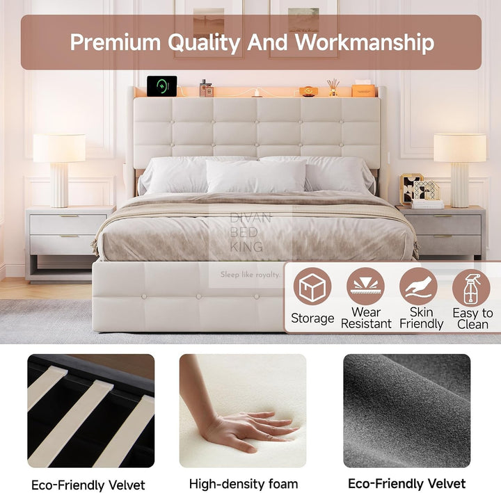 Vicente 4 Drawer Soft Beige Velvet Bed with LED Lights, Type C and USB Charging Adjustable Headboard Shelf