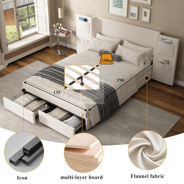 Avalos Oversized Headboard Beige Soft Cotton Flannel Storage Bed Frame with 2 Drawers