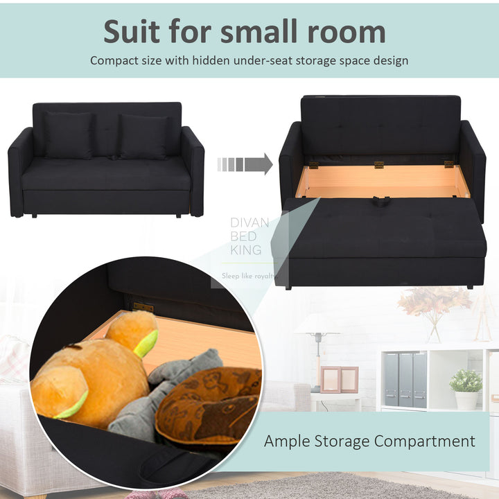 Adamaris 3 in 1 Black Cotton Sofa Bed 2 or 3 Seater with Storage