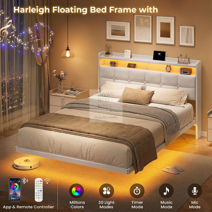 Harleigh Smart Metal Floating Bed with Off-White Padded Storage Headboard, LED Lights, Plug Sockets, USB & Type C Charging Station
