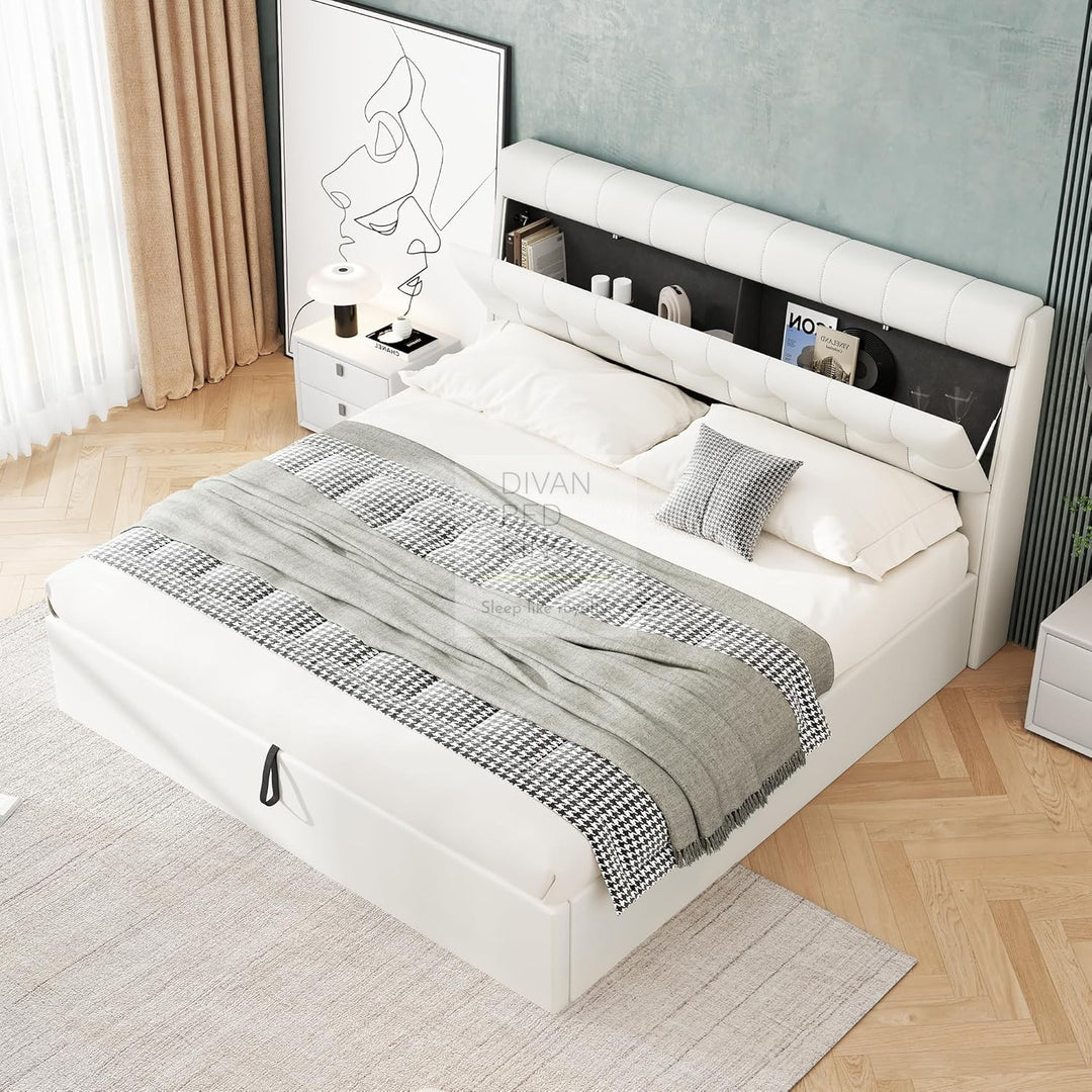 Carmine White Leather Ottoman Storage Bed with Headboard Storage