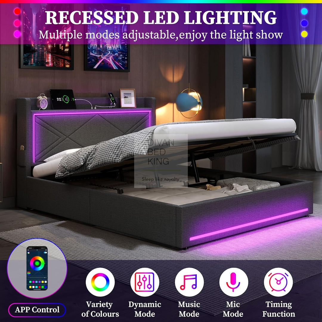Montecelio Charcoal Grey Linen Ottoman Storage Bed with LED Lights, Type C and USB Charging Headboard Storage Shelf