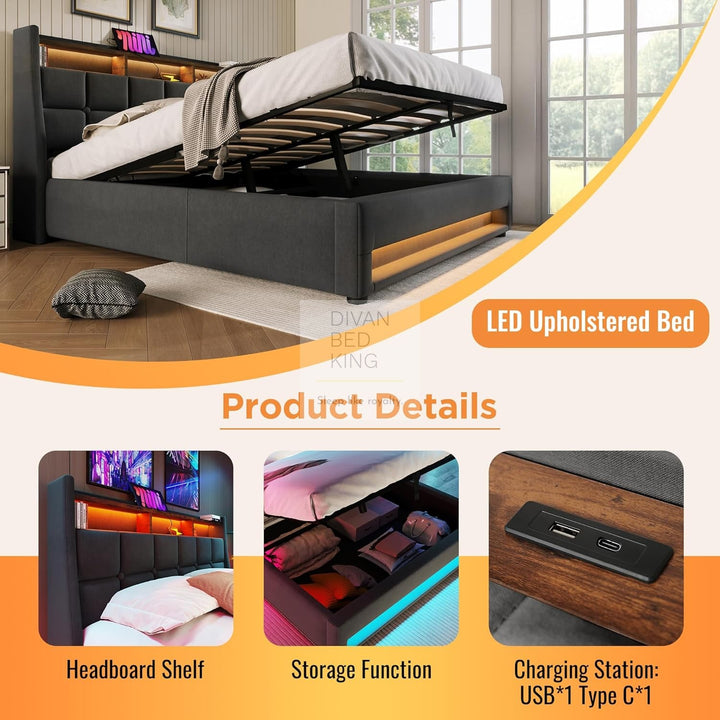 Solana Grey Linen Ottoman Storage Smart Bed with Type C, USB & Wireless Charging Headboard Shelves