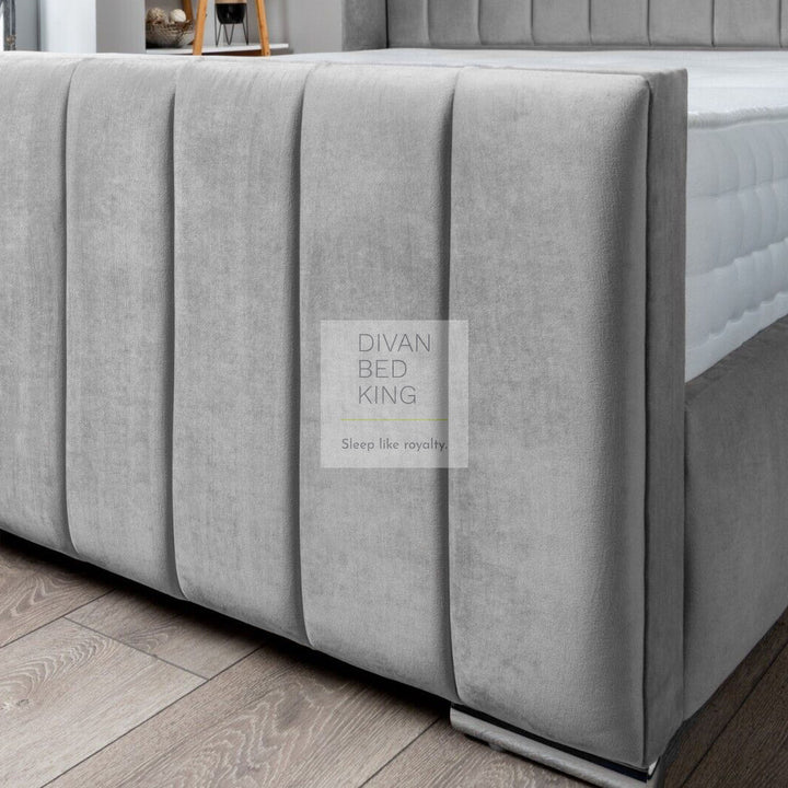 Peterina Grey Velvet Wingback Ottoman Storage Bed Frame