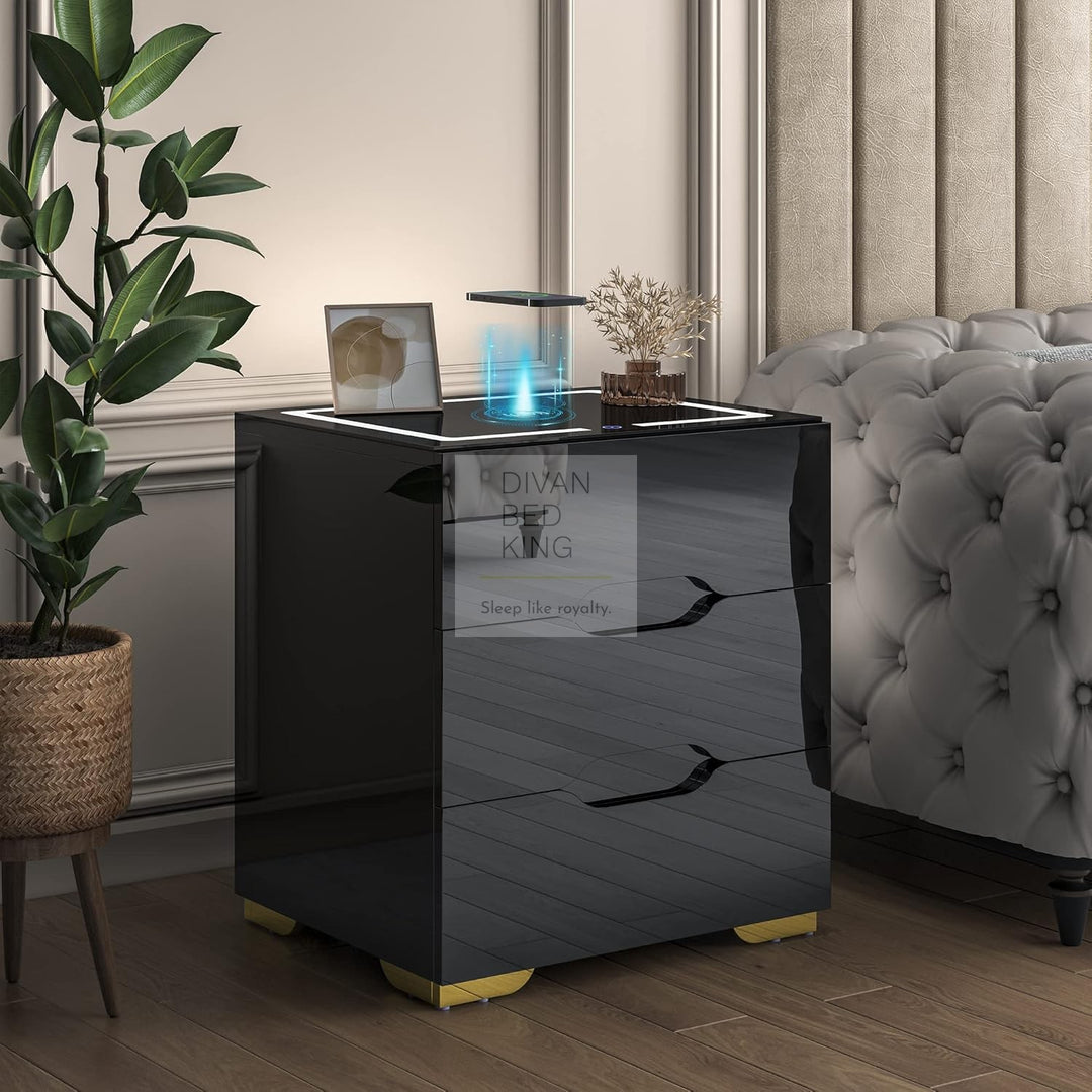 Barrera 3 Drawer Black High Gloss Smart LED Bedside Table with USB and Wireless Charging