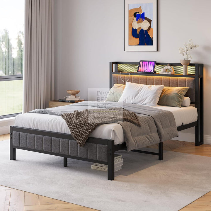 Vicenza Metal Bed Frame with LED Grey Linen Headboard, Shelves, Power Outlet, USB Charging & Optional Drawers