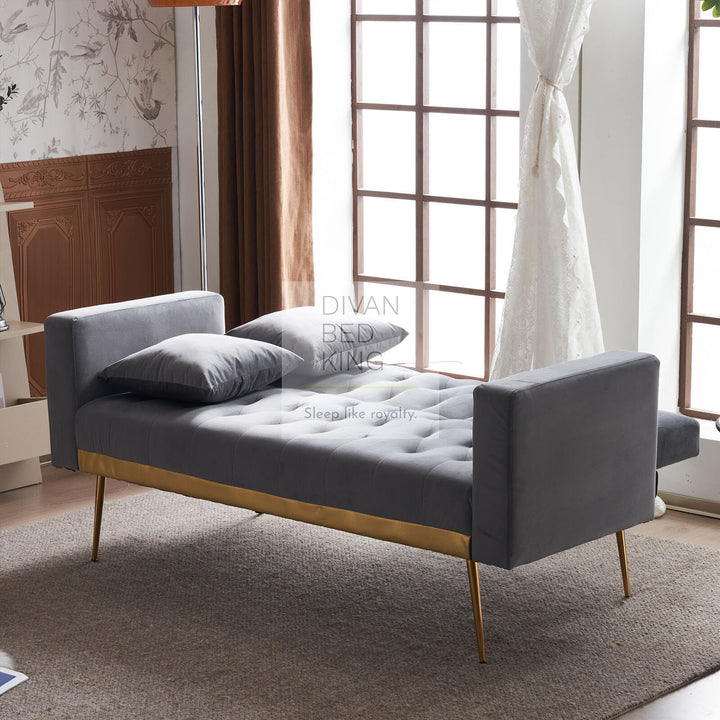 Parisa Grey Velvet Velour 2 Seater Sofa Bed with Gold Metal Legs