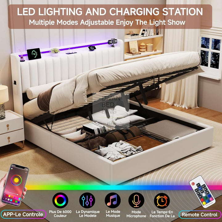 Mauricio White Leather Ottoman Smart Bed with LED Headboard Storage Charging Station, Socket, USB and Type C Port