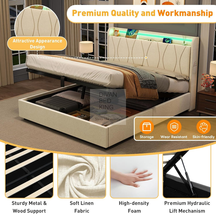 Naya Beige Linen Ottoman Storage Bed with LED Lights, Type C and USB Charging Headboard Storage Shelf