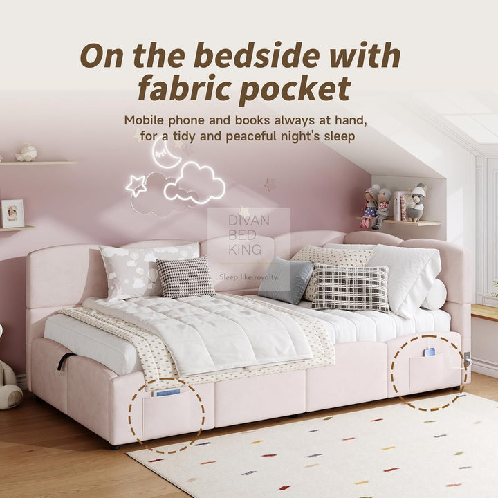 Amaia Pink Plush Velvet Smart Ottoman Storage Daybed Sofa Bed Couch with Charging Station, USB & Type C Ports