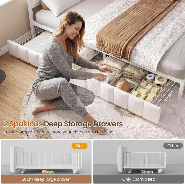 Giavanna Beige Linen 2 Drawer Low Smart Sofa Bed Daybed with LED Lights, USB & Type C Charging Station
