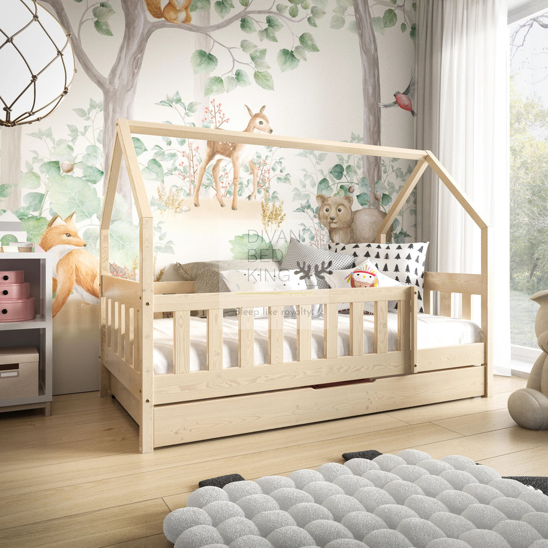 Leandro Treehouse Single Bed Wooden with Drawer 3FT Kids Sleeper Pine House Low Childs Canopy