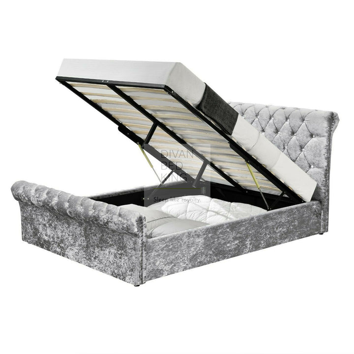 Avernus Crushed Velvet Ottoman Sleigh Bed Frame