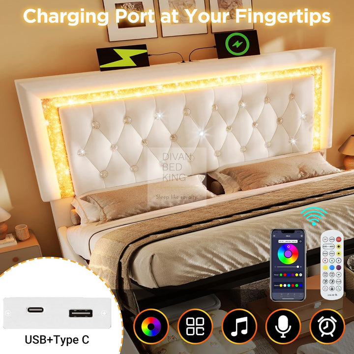 Adela Beige Velvet Diamante Crystal Bed Ottoman Storage Smart Bed with Glitter LED Lights, USB and Type-C Charging