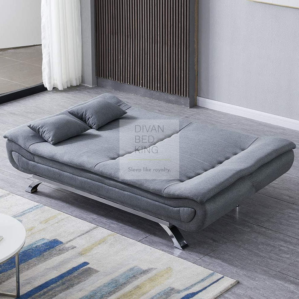 Bryson Grey Linen 3 Seater Sofa Bed with Chrome Legs & Matching Pillows