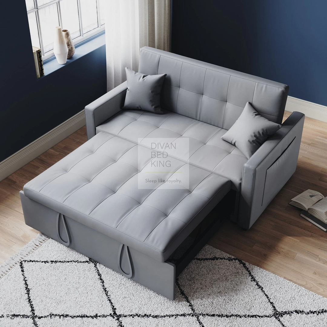 Santana Light Grey Leather Daybed Sofa Bed Couch with Sidepockets & 2 Matching Pillows