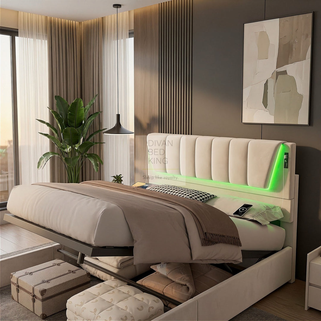 Kamari Ottoman Storage Beige Plush Velvet Smart Bed with with LED Lights, USB and Type-C Charging