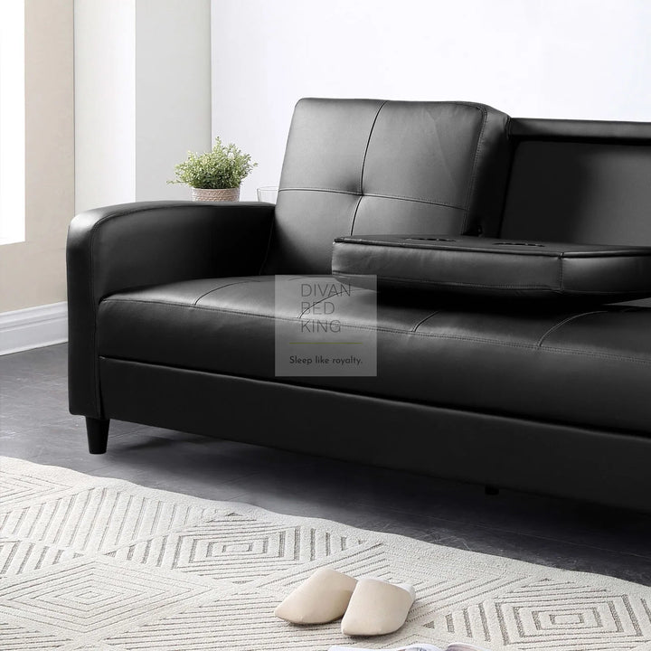 Salazar Black Leather 3 Seater Sofa Bed with Cup Holders, Armrest and Side Storage Pockets