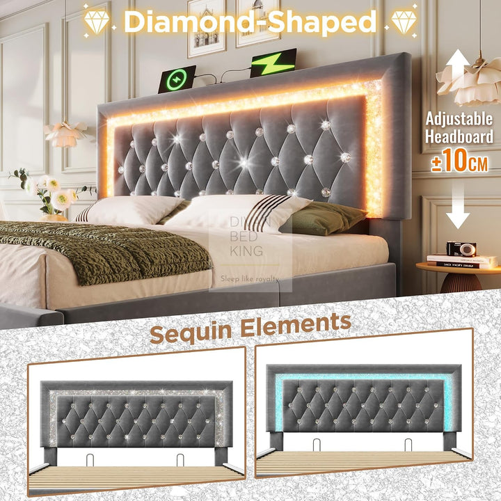 Adela Grey Velvet Diamante Crystal Bed Ottoman Storage Smart Bed with Glitter LED Lights, USB and Type-C Charging
