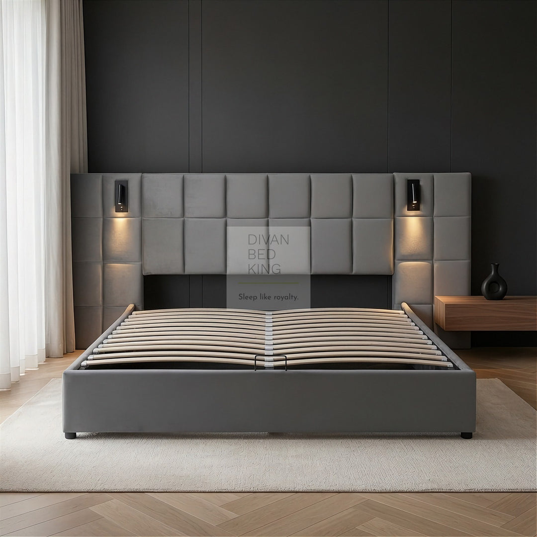 Avernus Oversized Headboard Grey Ottoman Storage Bed Frame with Integrated Lighting & USB Charging