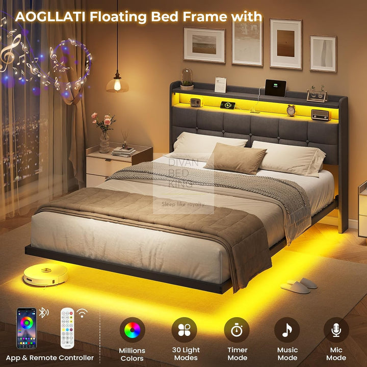 Houston Smart Metal Floating Bed with Grey Linen Padded Storage Headboard, LED Lights, USB & Type C Charging Station
