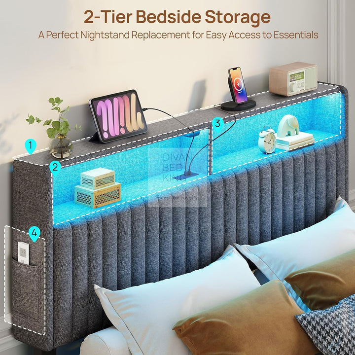 Houston Smart Metal Floating Bed with Grey Linen Padded Storage Headboard, LED Lights, USB & Type C Charging Station