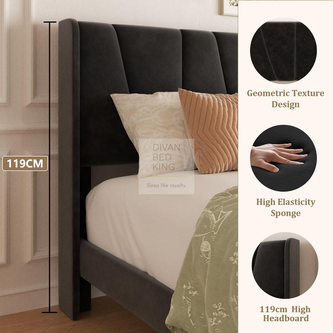 Catanzaro Wingback Black Linen Bed Frame with Large End Drawer Storage
