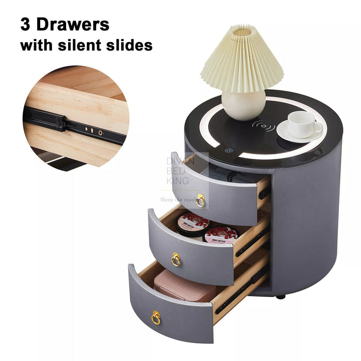 Adrastea Grey Leather 3 Drawer Smart LED Bedside Table with Wireless Charging