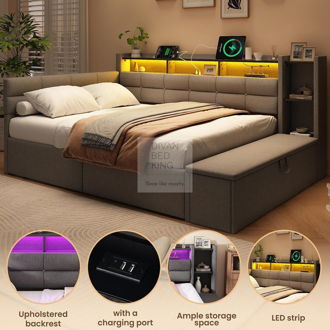 Avayah Grey Linen Smart Daybed Sofa Bed with 2 Drawers, LED Shelves Storage, USB & Type C Charging Station & Storage Box