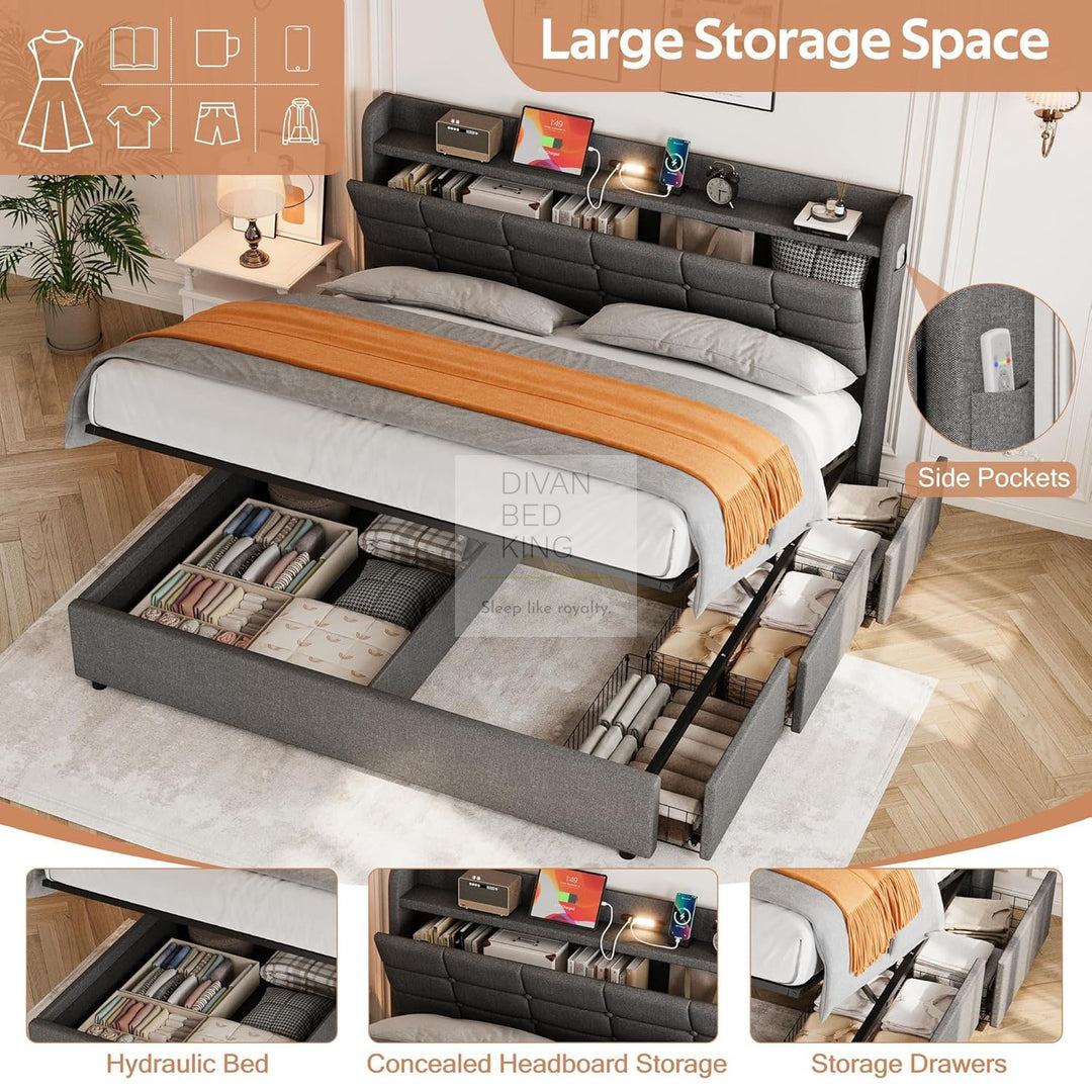 Treviso Charcoal Grey Linen 3 Drawer Ottoman Storage Bed with LED Lights, Type C and USB Charging Headboard Storage Shelf