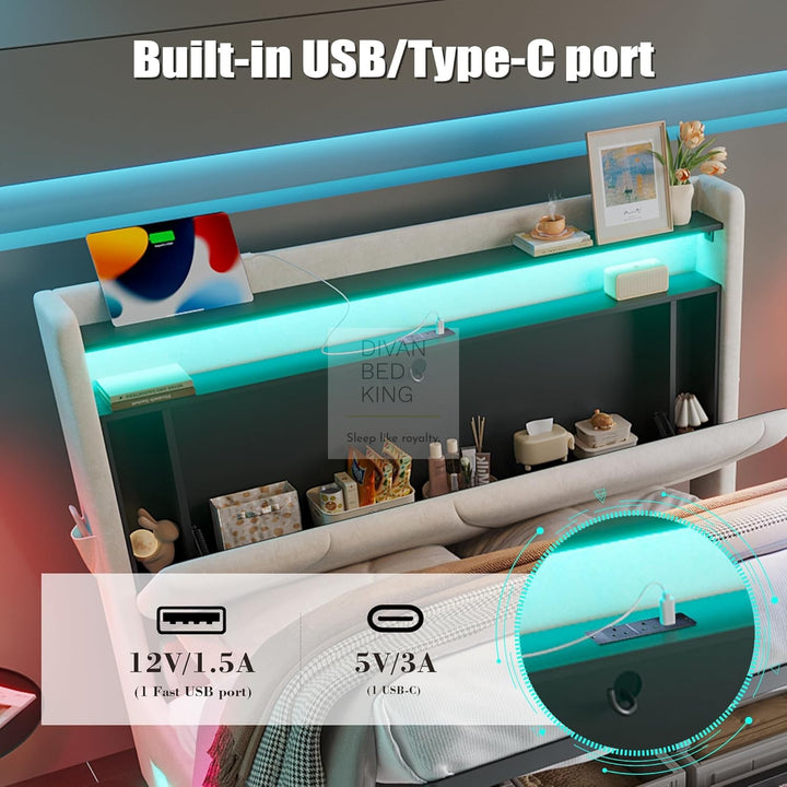 Aviana Wave LED Beige Velvet Ottoman Storage Bed Frame with USB Type C Charging Station on Headboard Storage Shelf