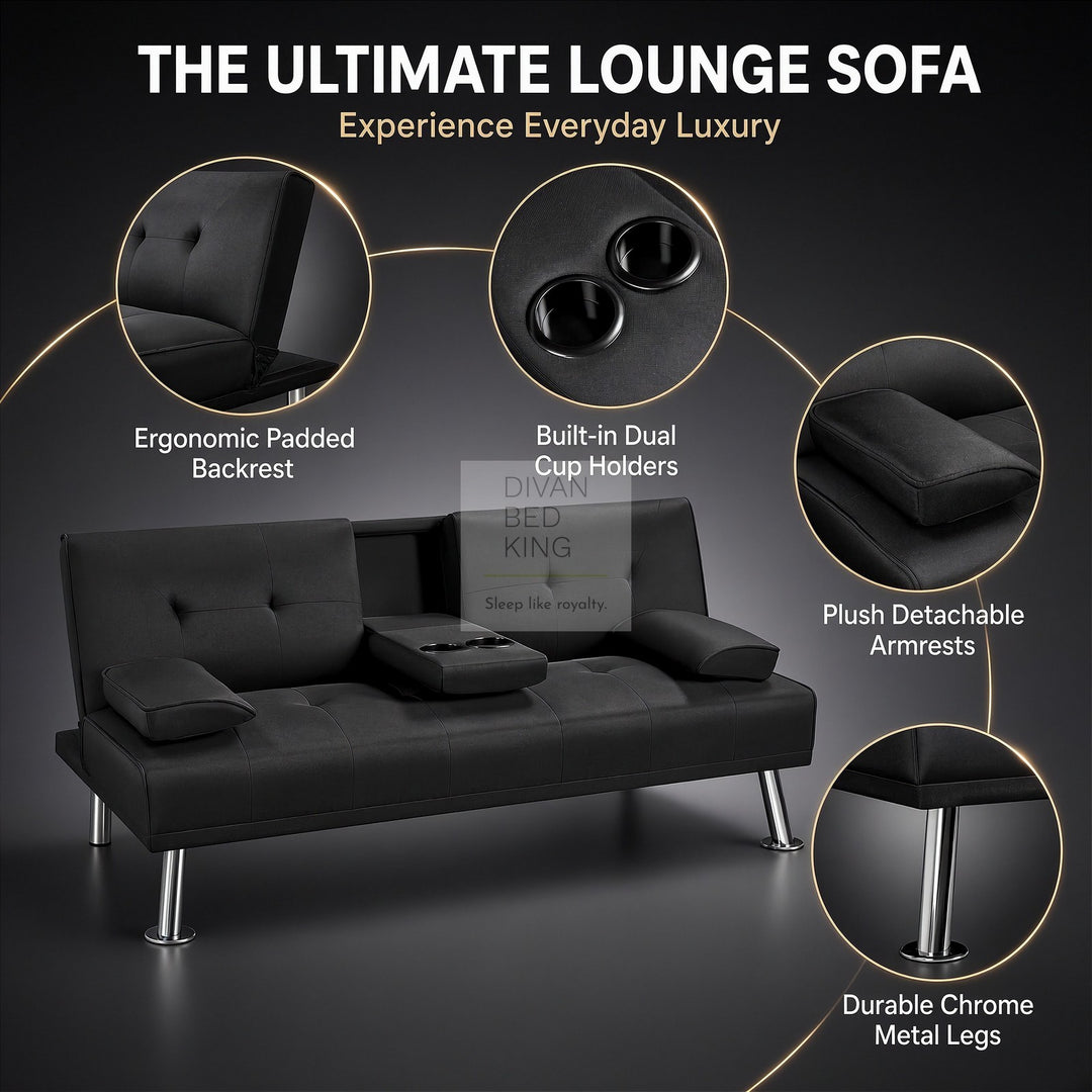 Francesca Black Cotton Sofa Bed with Cup Holders