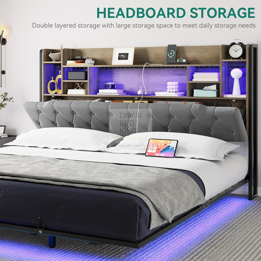 Kamilah Smart Metal Floating Bed Frame with Grey Padded Storage Headboard, LED Lights, USB, Type C & AC Sockets Charging Station