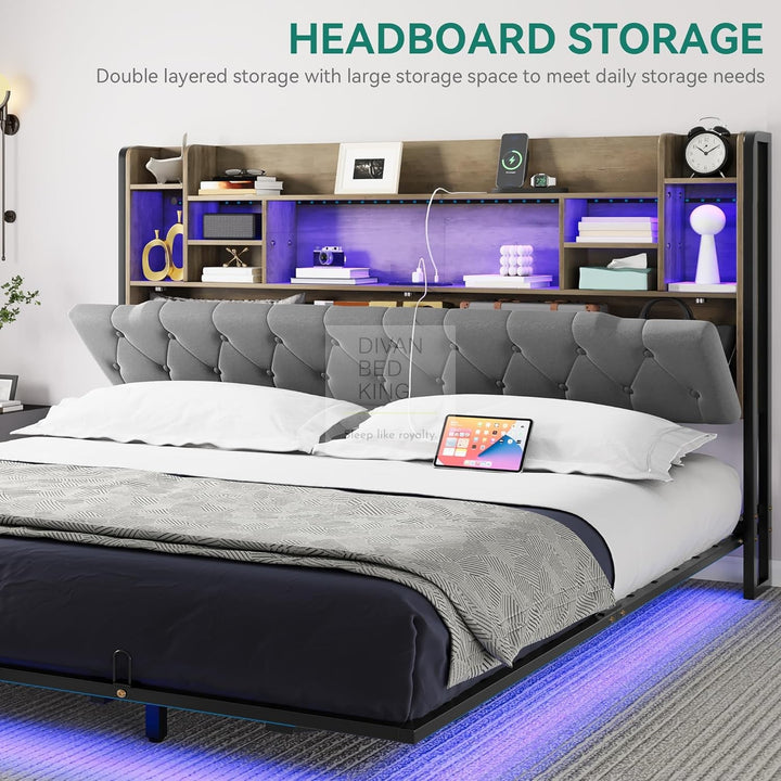 Kamilah Smart Metal Floating Bed Frame with Grey Padded Storage Headboard, LED Lights, USB, Type C & AC Sockets Charging Station