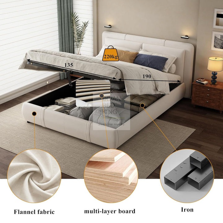 Oppia Nuova Beige Brushed Cotton Ottoman Storage Bed with Large Padded Removeable Headrests
