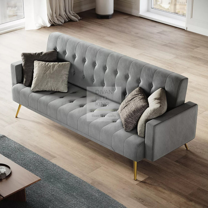 Felix Grey Plush Velvet 3 Seater Sofa Bed with Golden Legs