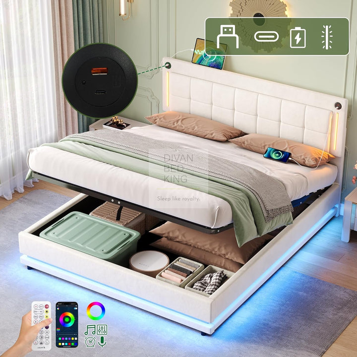 Varese Beige Velvet Ottoman Storage Smart Bed with LED Lighting, Type C and USB Headboard Shelf
