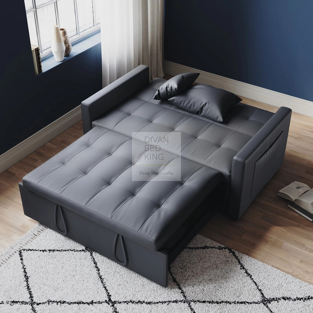 Santana Ash Grey Leather Daybed Sofa Bed Couch with Sidepockets & 2 Matching Pillows
