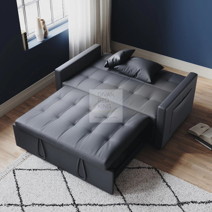 Santana Ash Grey Leather Daybed Sofa Bed Couch with Sidepockets & 2 Matching Pillows