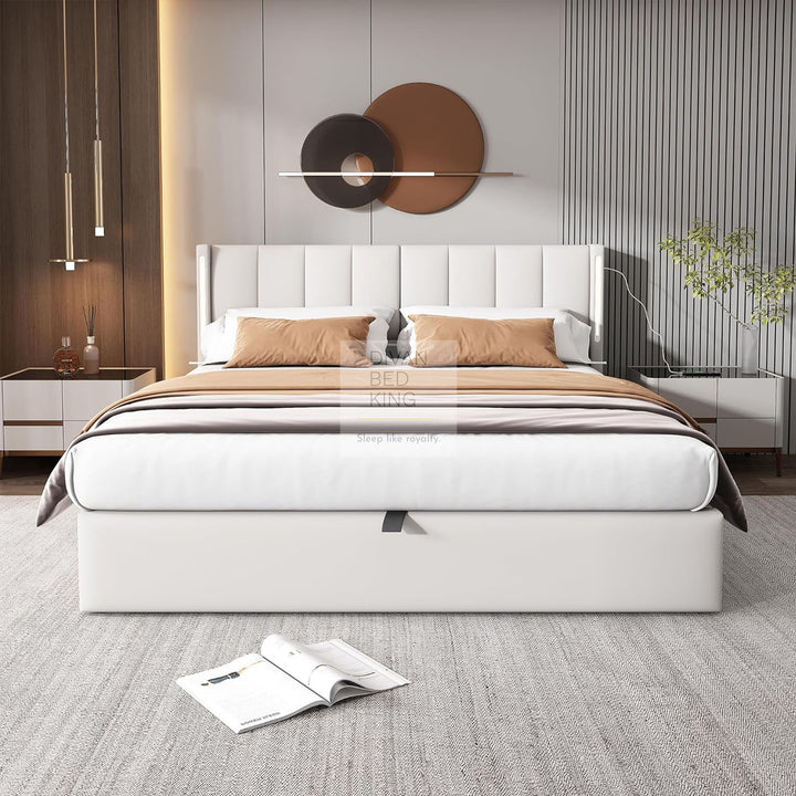 Lochlan White Leather Ottoman Bed with Adjustable Headrest + LED + USB + Type C Charging