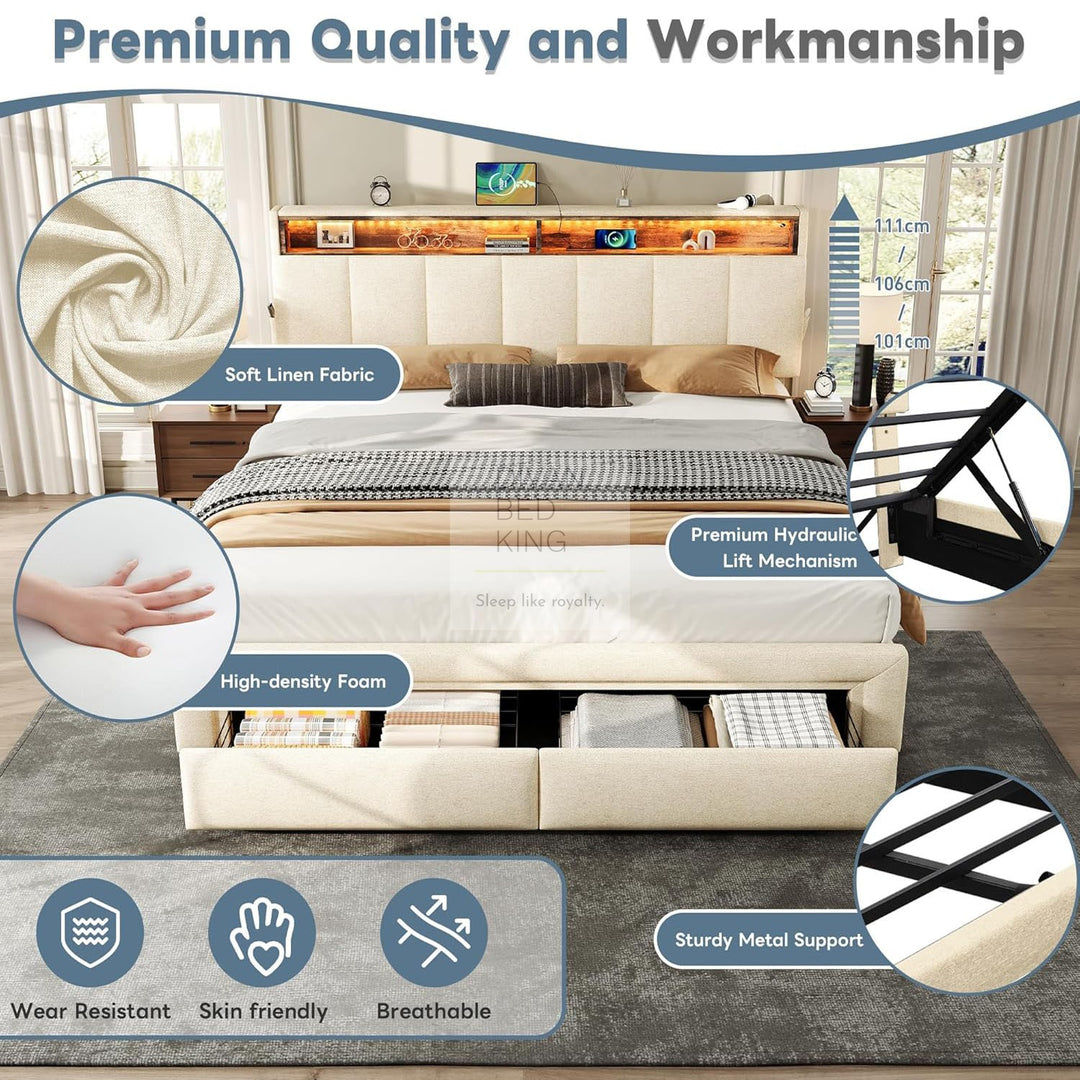 Aarya Beige Linen 2 Drawer Ottoman Storage Bed with LED Lights, Type C and USB Charging Headboard Storage Shelf