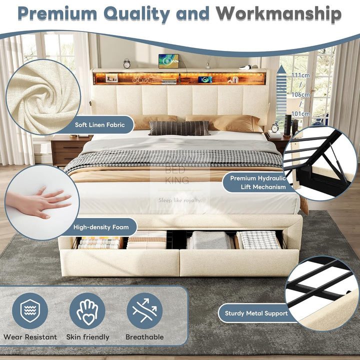 Aarya Beige Linen 2 Drawer Ottoman Storage Bed with LED Lights, Type C and USB Charging Headboard Storage Shelf
