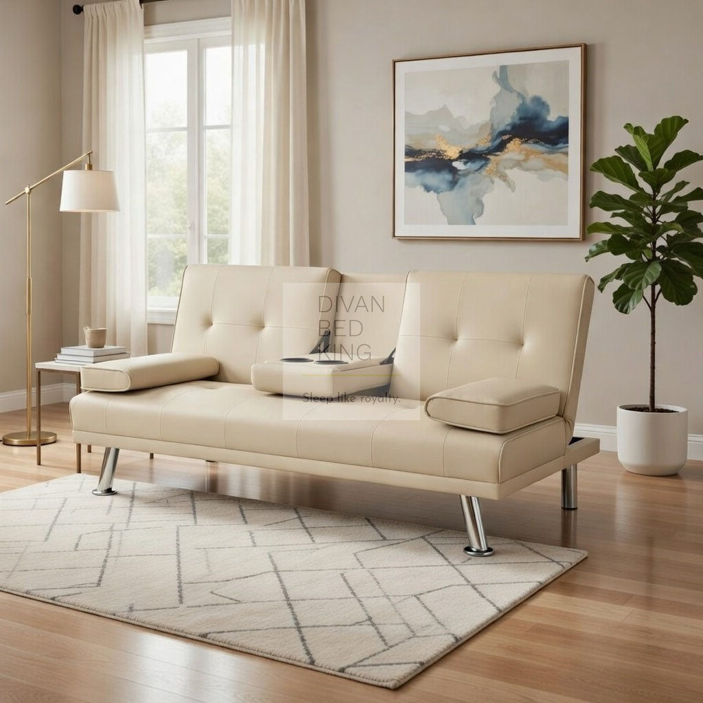 Cadence Cream Leather 2 Seater Sofa Bed with Cup Holders and Matching Pillows