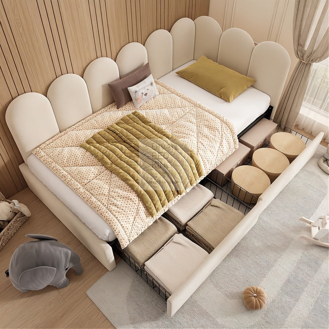 Novara Beige Plush Velvet 2 Drawer Corner 2 Seater Daybed Sofa Bed Couch