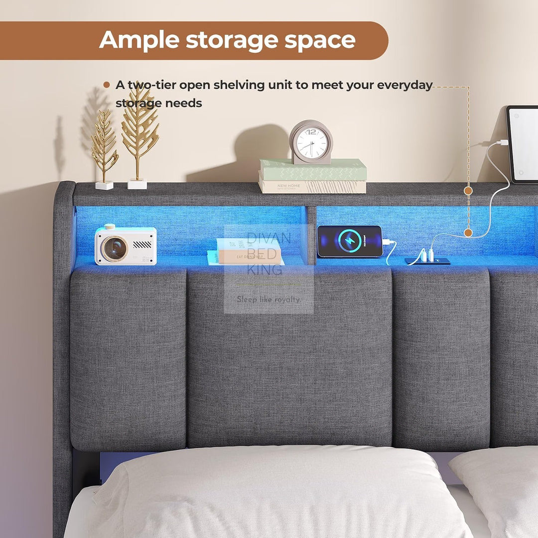 Everleigh Grey Linen Floating Bed Frame with Padded Storage Headboard, LED Lights, USB & Type-C Charging Station